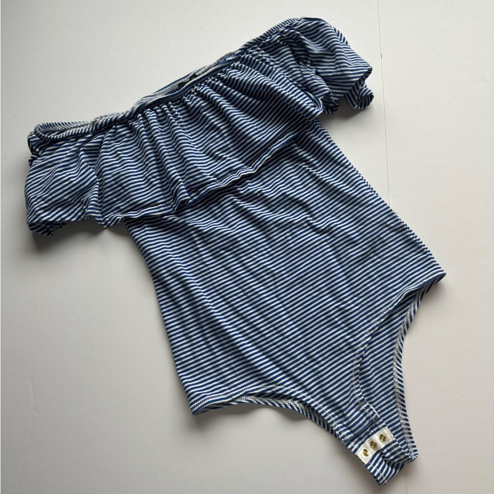 J. Crew Blue Striped Ruffled Bodysuit